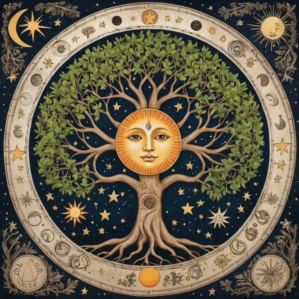 Prompt: Tree with the sun, moon and stars with plant life and astrology