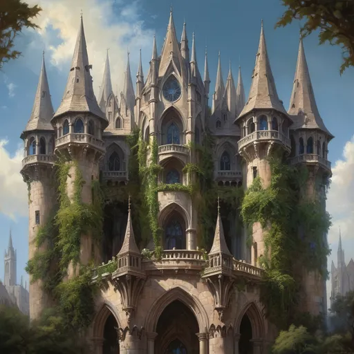 Prompt: A detailed picture of The Crown of Vaelora palace, a sprawling complex surrounded by high, ivy-covered walls, with multiple towers and spires reaching towards the sky. The main structure combines elements of Gothic architecture with Eldorian flair, featuring high vaulted ceilings, stained glass windows depicting scenes from Eldoria’s history, and gargoyles that are said to watch over the palace and its inhabitants.

Boris Vallejo