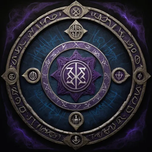 Prompt: Description of the Sigil for the Order of the Arcane Throne:
Central Motif:

The sigil features a grand throne depicted in a bold, Gothic style. It should look imposing and slightly foreboding, reflecting the order's authoritarian nature.
Surrounding Elements:

Encircling the throne is a band of arcane runes, each rune glowing softly as if imbued with magical energy. These runes represent different aspects of magical control and knowledge—elements, time, illusion, and more—hinting at the comprehensive power the Order seeks to wield.
Background and Texture:

The background of the sigil could be a dark, velvety texture, suggesting the secretive and hidden nature of the Order. The contrast between the glowing runes and the dark background enhances the sense of ancient mystery and power.
Color Scheme:

Dominant colors should be deep blues and purples, colors traditionally associated with depth, wisdom, and magic. Accents of silver or gold can be used for the throne and runes to convey wealth, control, and an almost divine right to rule.
