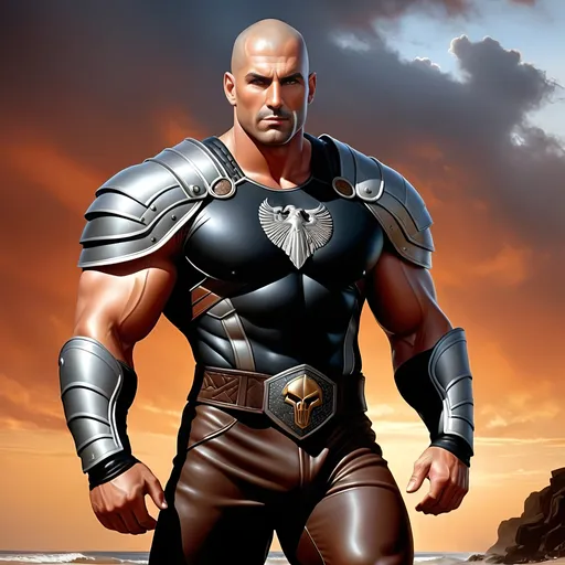 Prompt: Name: Thorne

Appearance:

Male  Late 30s
Height: 6'8"
Build: Massive, muscular, and imposing, with broad shoulders and a powerful frame
,Shaved head, heavily tatooed
Dark brown eyes, with a steely, intimidating gaze
,Tanned skin, with numerous scars from past battles
Wears heavy, dark armour emblazoned with the king’s crest
, Boris Vallejo