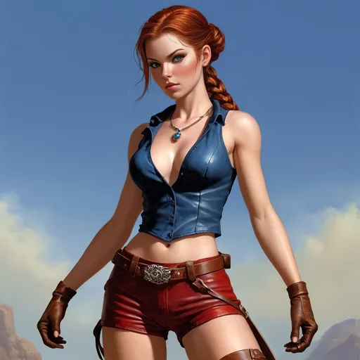 Prompt: a picture of Mira, she possesses a striking appearance that matches her fiery spirit. She is lithe and athletic,  20yrs old built for agility and speed, essential traits for a seasoned thief. Her auburn hair is typically kept in a practical style, either braided tightly or cut short to avoid hindrance during her escapades. Her olive skin is a testament to many hours spent under the sun in various disguises, and her eyes are a bright sapphire blue, piercing and alert, reflecting both her intensity and keen awareness of her surroundings. wearing red leather jerkin and short leather shorts.
Boris Vallejo