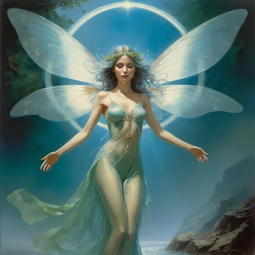 Prompt: A full length picture of a mystical woman. Elara is an ancient fairy, ethereal and diminutive, often perceived as a shimmering figure radiating a soft, otherworldly glow. Her delicate wings resemble those of a dragonfly, iridescent and almost transparent, fluttering with a silent grace that belies her age. Her hair is like spun silver, flowing and weightless, cascading around her beautiful face and shoulders in an ever-moving halo. Her eyes, large and luminous, shift in color from a deep, sage green to the bright azure of a clear sky, reflecting her moods and the magic that courses through her.

Boris Vallejo