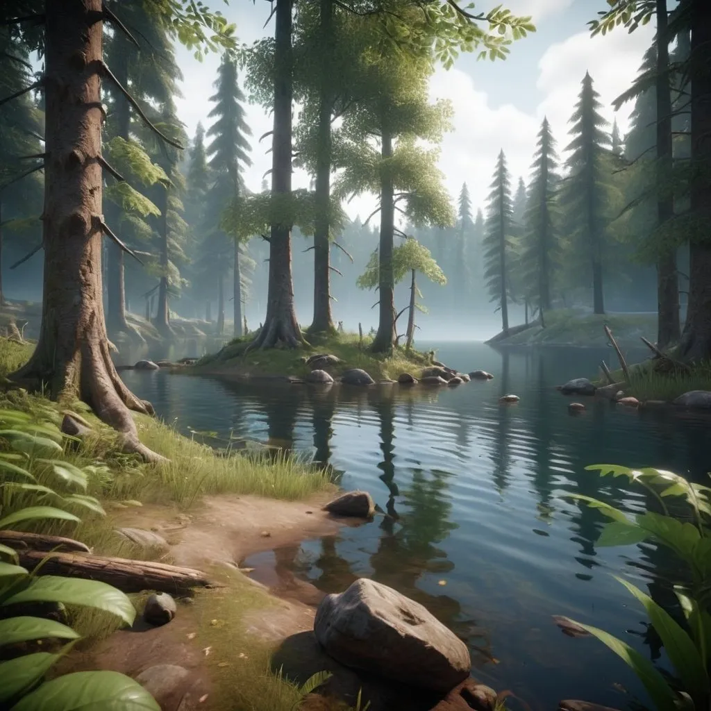 Prompt: a mysterious forest next to a lake, high quality, unreal engine