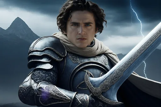 Prompt: A powerful male warrior, clad in intricately designed armor adorned with ancient symbols, stands poised for battle. His muscular frame is highlighted by the glint of sunlight reflecting off his polished metal gauntlets and chest plate. The warrior grips a massive sword, its blade gleaming with a faint, magical aura. Behind him, a dramatic landscape unfolds—rugged mountains rise against a stormy sky, with dark clouds swirling ominously. Lightning flashes illuminate the scene, casting dynamic shadows that dance across the ground. The warrior's intense gaze is fixed on an unseen foe, his stance wide and ready, embodying strength and determination. The atmosphere is charged with tension, as if the very air vibrates with the anticipation of conflict. @dKYyMt80Zf6VSs6xu73X @Uvf4jOEb4kREEMcmeHWd 