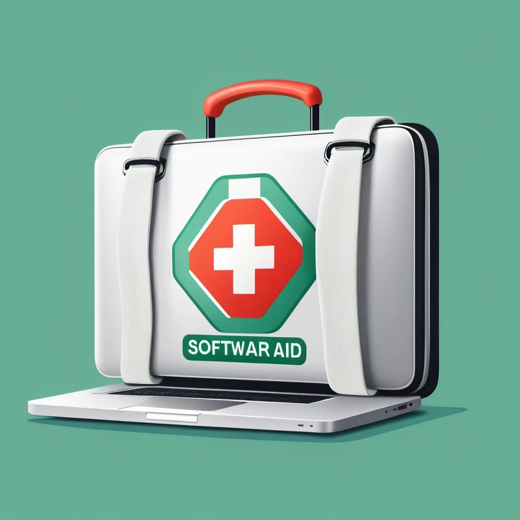 Prompt: An illustrated laptop as a first AID bag for logo of software company