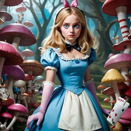 Prompt: Alice in Wonderland standing and wearing long gloves 