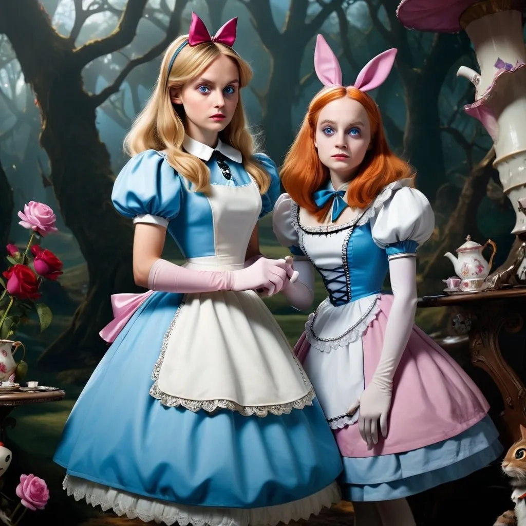 Prompt: Alice in Wonderland standing and wearing long gloves 