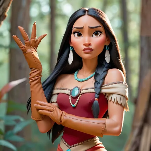 Prompt: Pocahontas standing and wearing long gloves 