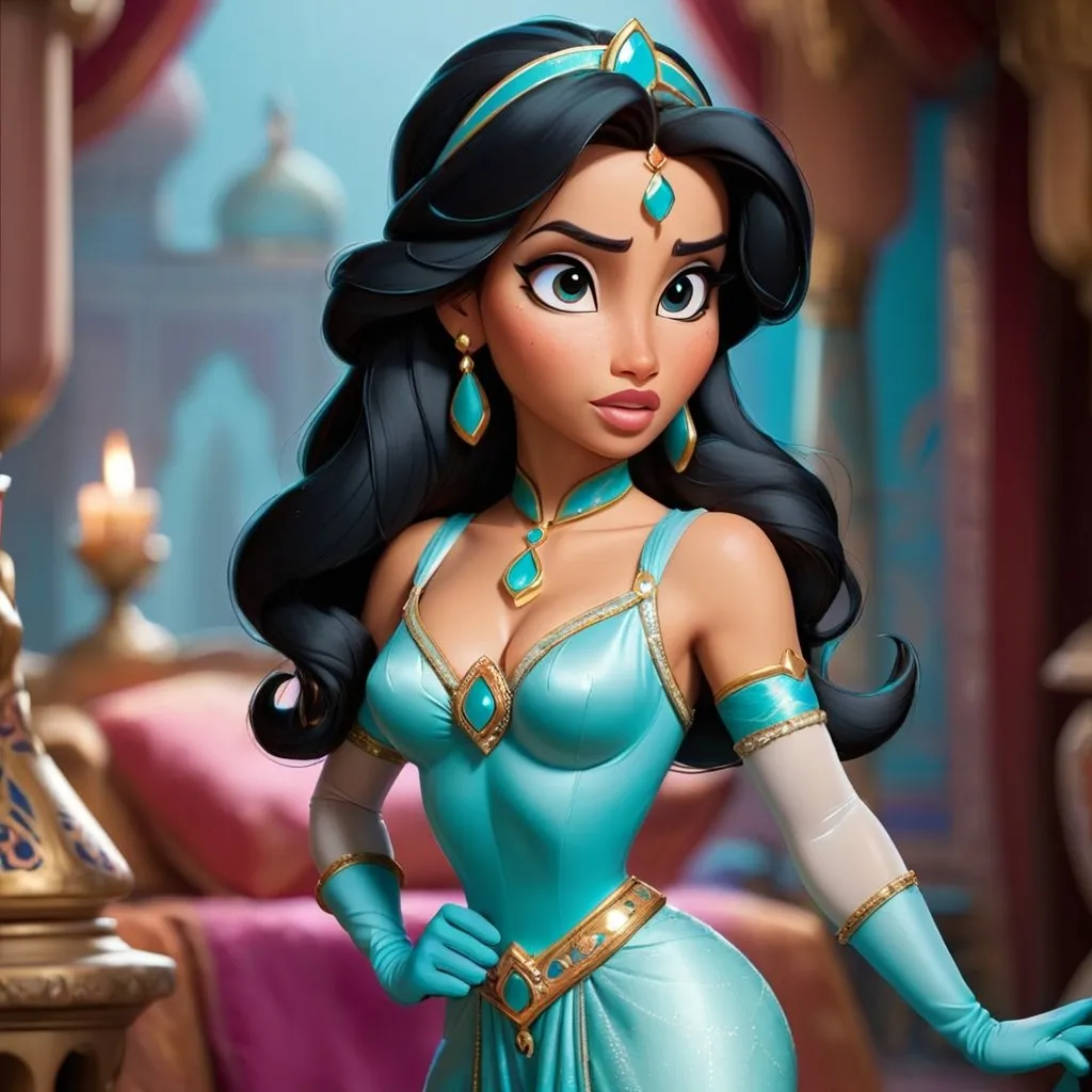 Prompt: Princess Jasmine standing and wearing gloves 