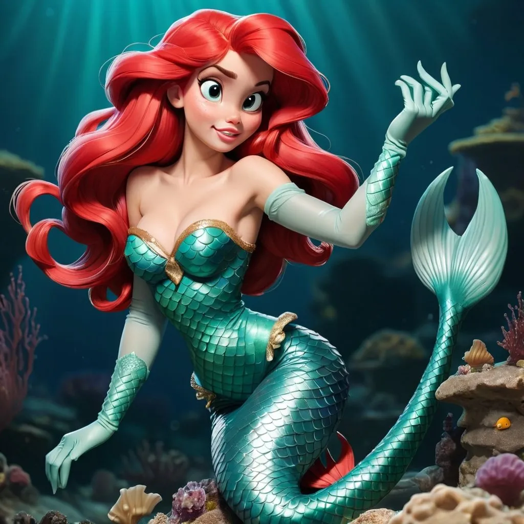 Prompt: Mermaid Ariel wearing long gloves 