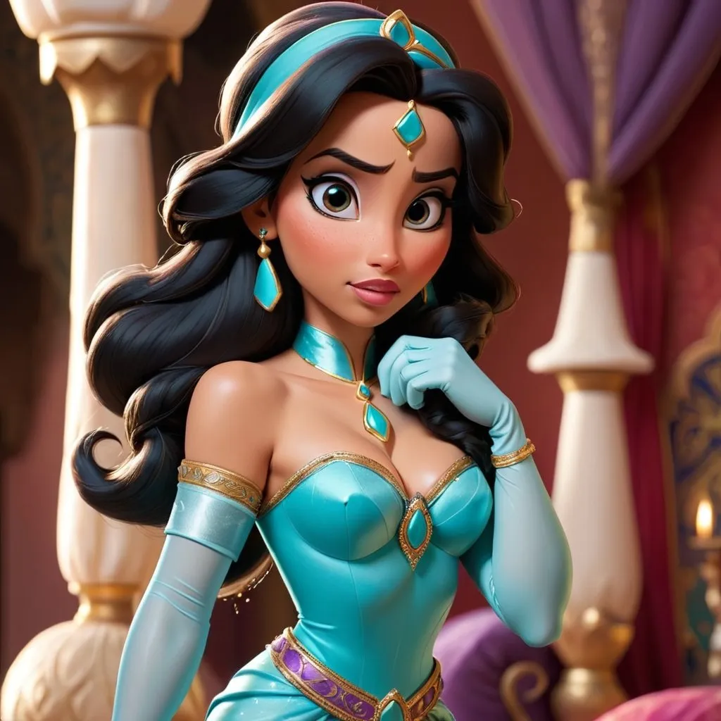 Prompt: Princess Jasmine standing and wearing gloves 