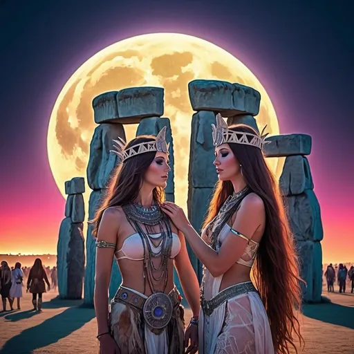 Prompt: Psychedelic illustration of Stonehenge at the Burning Man celebration, full moon night, Lana Del Rey and Roxanne Luchak in a romantic embrace, lesbian couple in Druid costumes, vibrant colors, surreal atmosphere, artistic, detailed moon, mystical lighting, professional, highres, colorful, psychedelic, romantic embrace, vibrant, surreal, mystical, detailed moon, Druid costumes, Lana Del Rey, Roxanne Luchak, Burning Man celebration, Stonehenge, full moon, artistic atmosphere