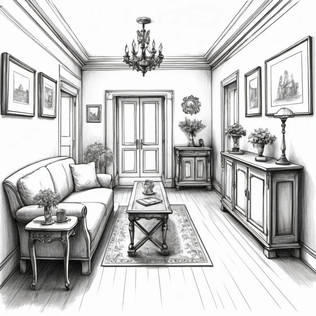 Prompt: Create a line drawing of a usual home hall with some furniture, pictures and other usual things,. White background.