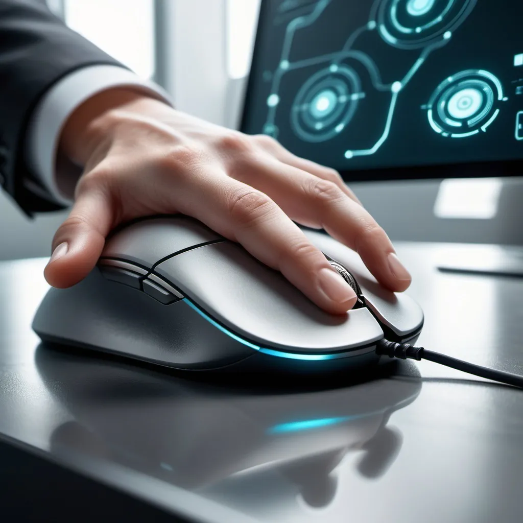 Prompt: A person's hand clicking on a futuristic, clean mouse in a business setting. Make it futuristic, simple and realistic.