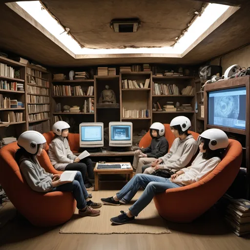 Prompt: Wide shot. A 500 square feet wabi-sabi tomb-like mothership. Five people laying on the luxurious sofa, they wear helmets with cables that connected to a big computer. We see a one 140" monitor in the middle of the room. Inside the monitor screen is a teenager studying in her room which is full of books and quiz papers.  