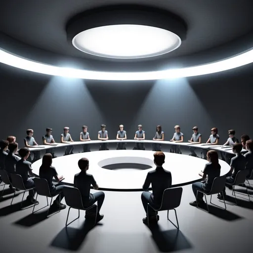 Prompt: A 3D rendering of students sitting opposite as in a debate in science fiction style with spotlight lighting 