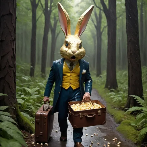 Prompt: rabbit man with a suitcase of gold in the deep forest raining pop corn
