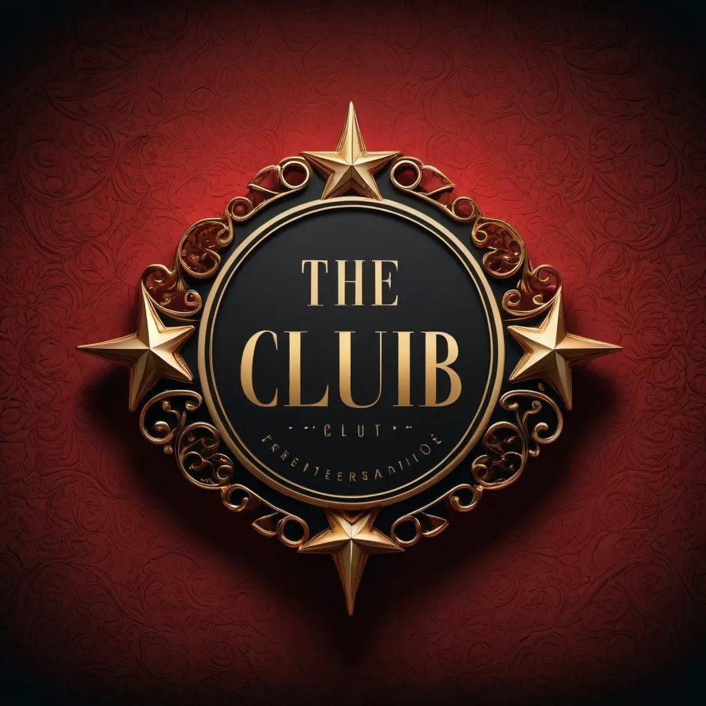 Prompt: The ((Club)) writen on glorious golden on the red and black background like logo and 5 stars carved in the background 