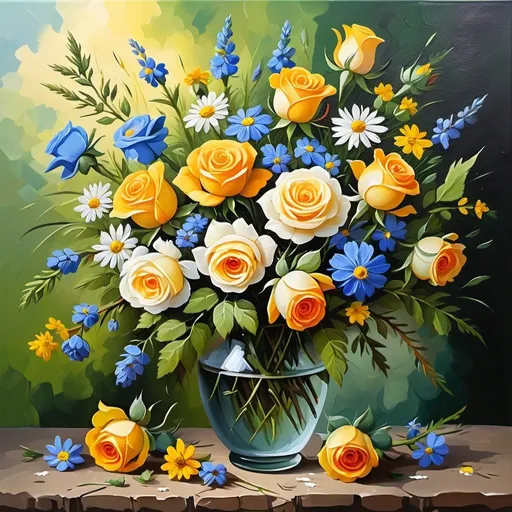 Prompt: oil painting flowers in a bouquet, roses and other small meadow flowers,