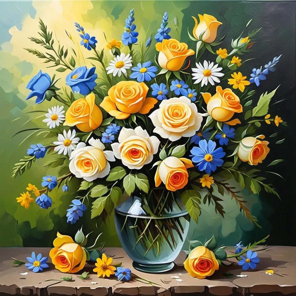 Prompt: oil painting flowers in a bouquet, roses and other small meadow flowers,