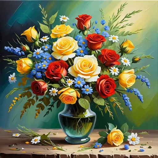 Prompt: oil painting flowers in a bouquet, roses and other small meadow flowers,