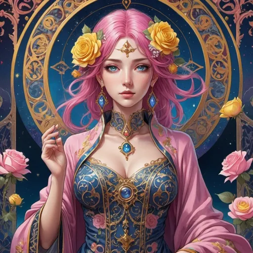 Prompt: tarot card Anime illustration, a pink-haired woman, One Blue eye and one yellow eye, detailed ornate cloth robe with roses, dramatic lighting