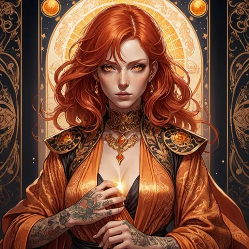 Prompt: tarot card Anime illustration, a Red-haired woman, orange eyes, detailed ornate cloth gold robe, with tattoos, dramatic lighting