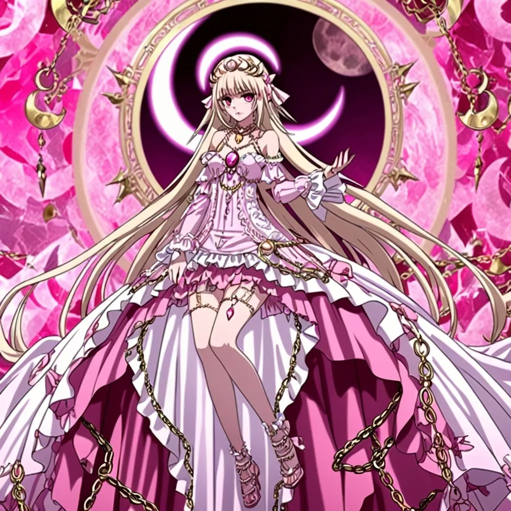 Prompt: anime, girl, detailed, light blond hair, evil, oracle, gold headdress with a pink crescent moon, very detailed silk lolita pink and white dress with a crescent moon gem, medium hair length, pink eyes, pink crystal body chain, pink nails, Cute, exotic, pink floral background. 