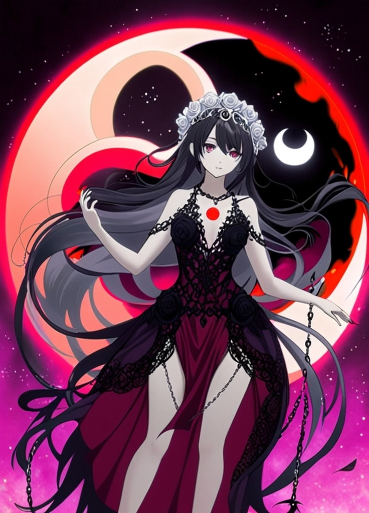 Prompt: anime, girl, detailed, Ash black hair, Goddess, black rose headdress with a red crescent moon, very detailed elegant silk lace maroon red dress, short hair length, bright purple eyes, black shadow background, body is surrounded by red aura, red rose silver body chain. 