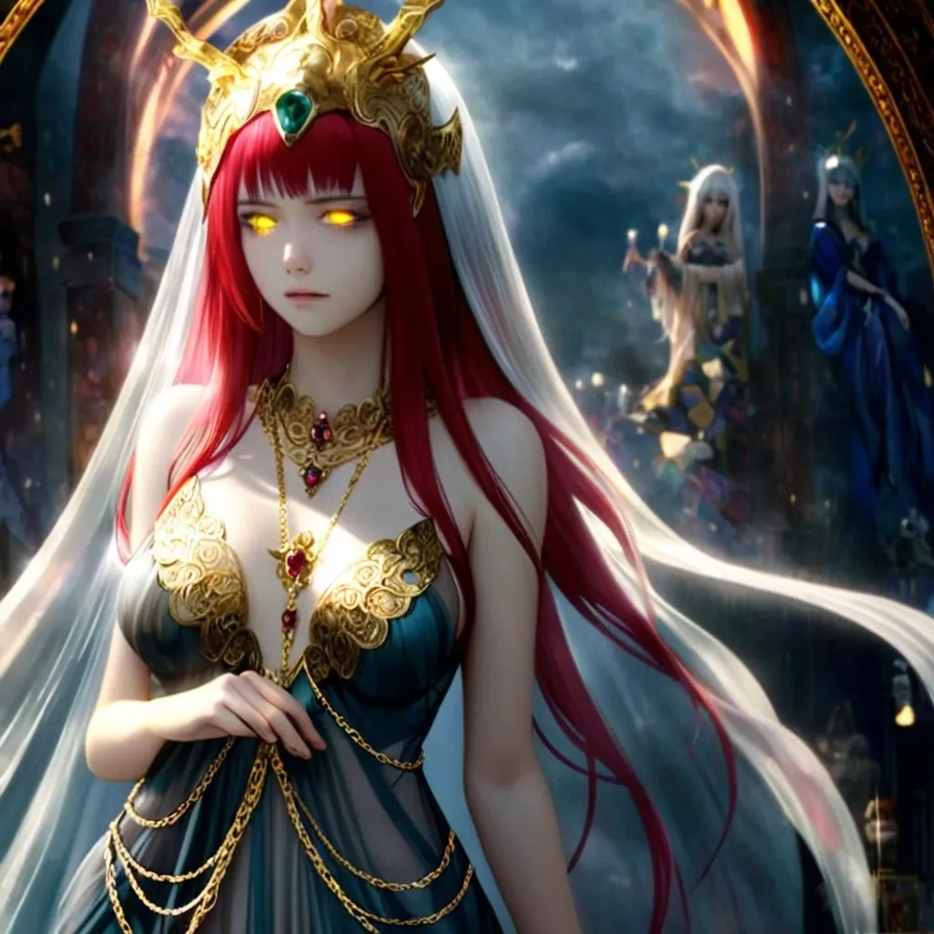 Prompt: anime, girl, detailed, Red hair, evil, oracle, gold headdress, very detailed silk see through dress with a gold gem, medium hair length, Glowing yellow eyes, gold with rubies body chain. 