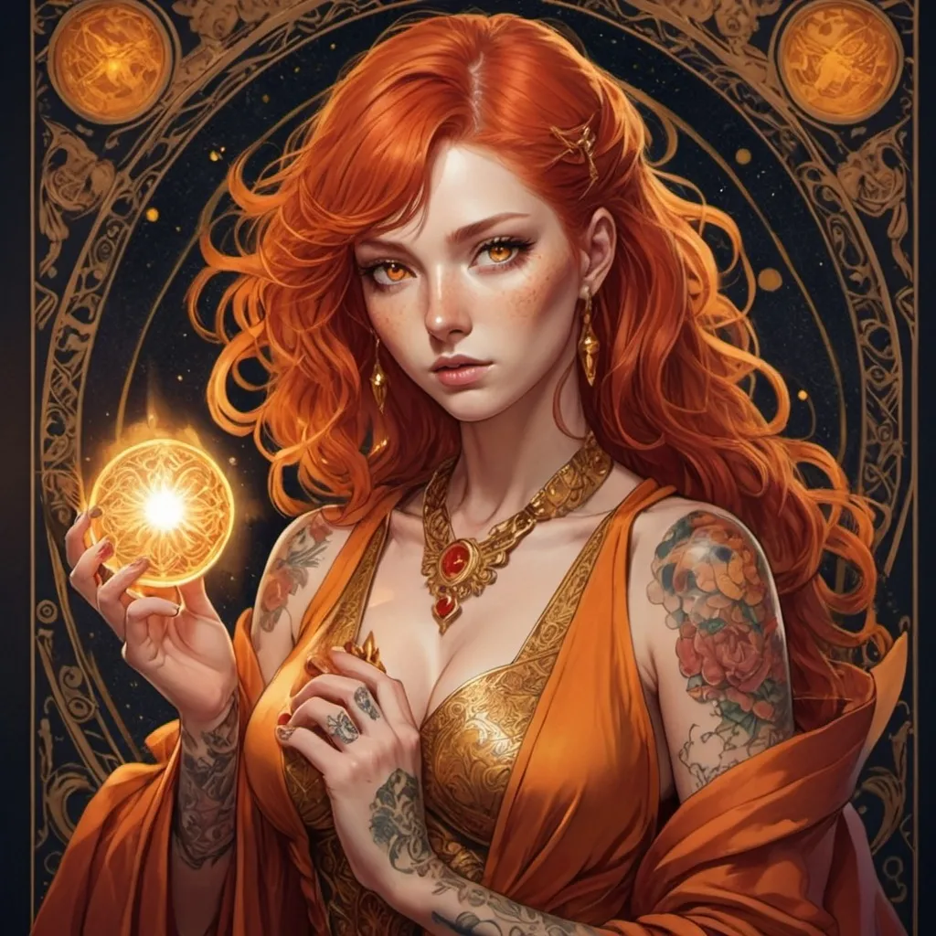 Prompt: tarot card Anime illustration, a Red-haired woman, orange eyes, detailed ornate cloth gold robe, with tattoos, dramatic lighting