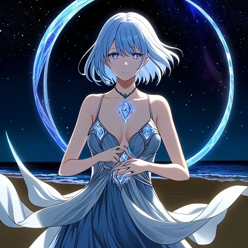 Prompt: anime, girl, detailed, Blue hair, shy, Ice white Eyes, very detailed adornment goddess Sky blue Silk dress, Blue Magic Aura, Short hair, Beach and Night Sky Background 