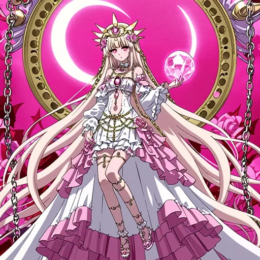 Prompt: anime, girl, detailed, light blond hair, evil, oracle, gold headdress with a pink crescent moon, very detailed silk lolita pink and white dress with a crescent moon gem, medium hair length, pink eyes, pink crystal body chain, pink nails, Cute, exotic, pink floral background. 