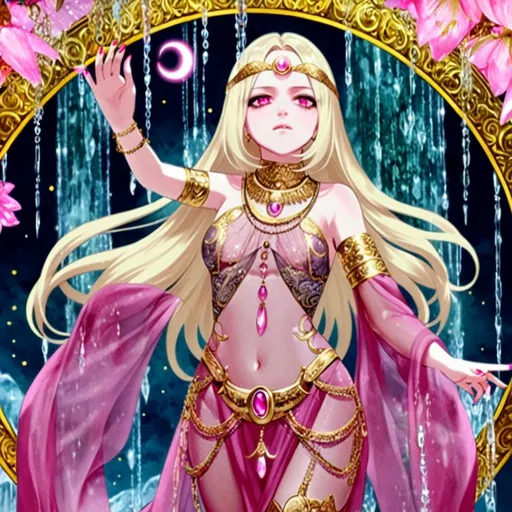 Prompt: anime, girl, detailed, golden blond hair, evil, oracle, gold headdress with a pink crescent moon, very detailed silk see through pink dress with a crescent moon gem, medium hair length, pink eyes, gold with pink crystal body chain, pink nails, oval face shape, oval eye shape, Cute, exotic, pink floral background with water fall. 