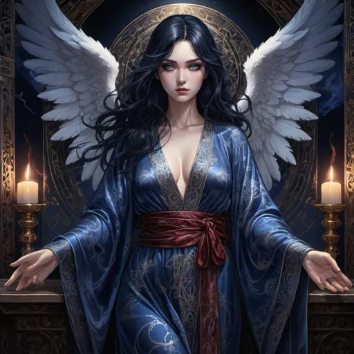 Prompt: (fantasy style), tarot card, (Anime Angel) illustration, black-haired woman, (indigo eyes), ornate detailed silk robe stained with blood, (dramatic lighting), dark mystical background, ethereal atmosphere, highly intricate designs, deep shadows, enchanting vibes, (4K), ultra-detailed, captivating composition, otherworldly allure.