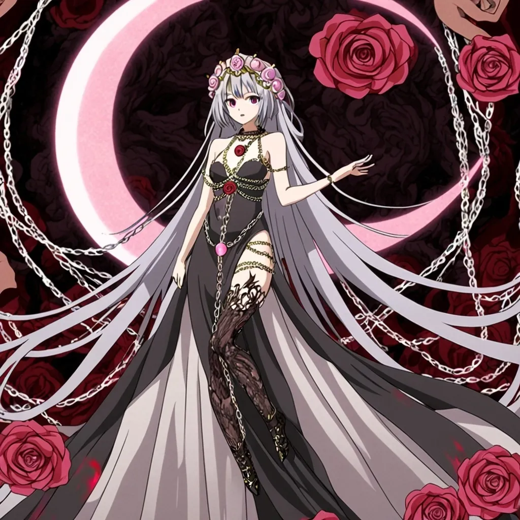 Prompt: anime, girl, detailed, Ash Grey hair, Goddess, rose headdress with a pink crescent moon, very detailed elegant silk lace brown and black dress, short hair length, purple eyes, black shadow background, body is surrounded by red aura, tongue sticking out, rose body chain. 