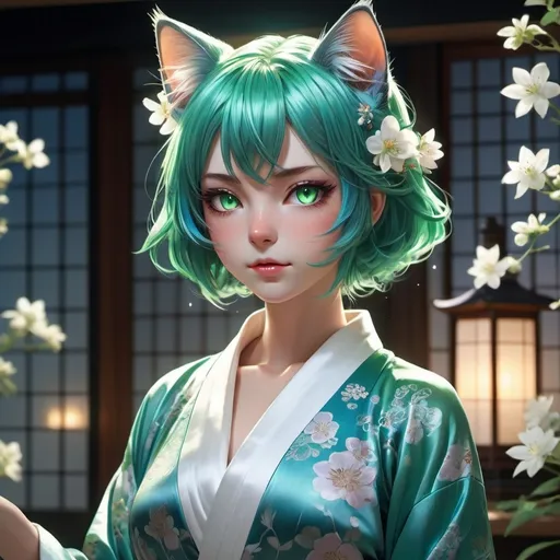 Prompt: Cat Girl, anime, green hair, white eyes, Japanese silk blue robe, Dramatic lighting, floral pattern 