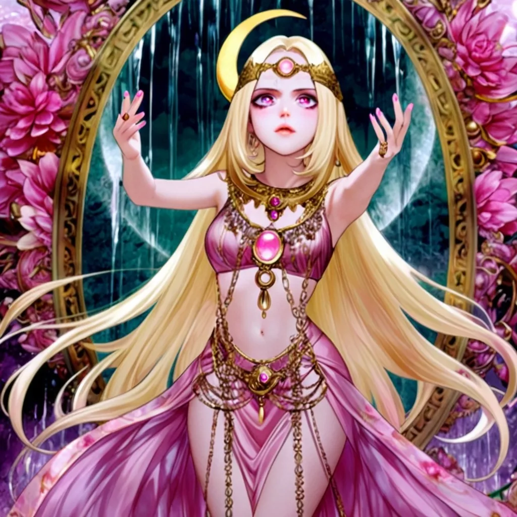 Prompt: anime, girl, detailed, golden blond hair, evil, oracle, gold headdress with a pink crescent moon, very detailed silk see through pink dress with a crescent moon gem, medium hair length, pink eyes, gold with pink crystal body chain, pink nails, oval face shape, oval eye shape, Cute, exotic, pink floral background with water fall. 