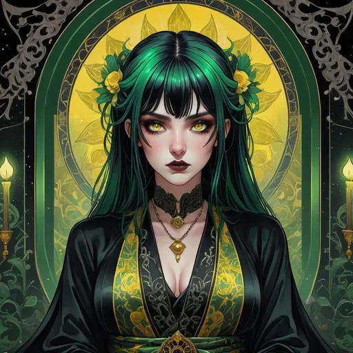 Prompt: tarot card Anime Goth illustration, a green/black-haired woman, yellow eyes, detailed ornate silk robe with blood, dramatic lighting