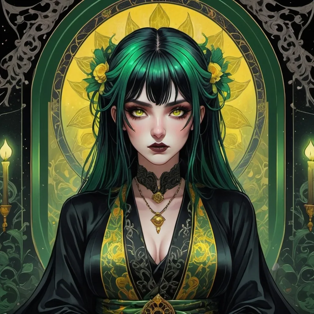 Prompt: tarot card Anime Goth illustration, a green/black-haired woman, yellow eyes, detailed ornate silk robe with blood, dramatic lighting