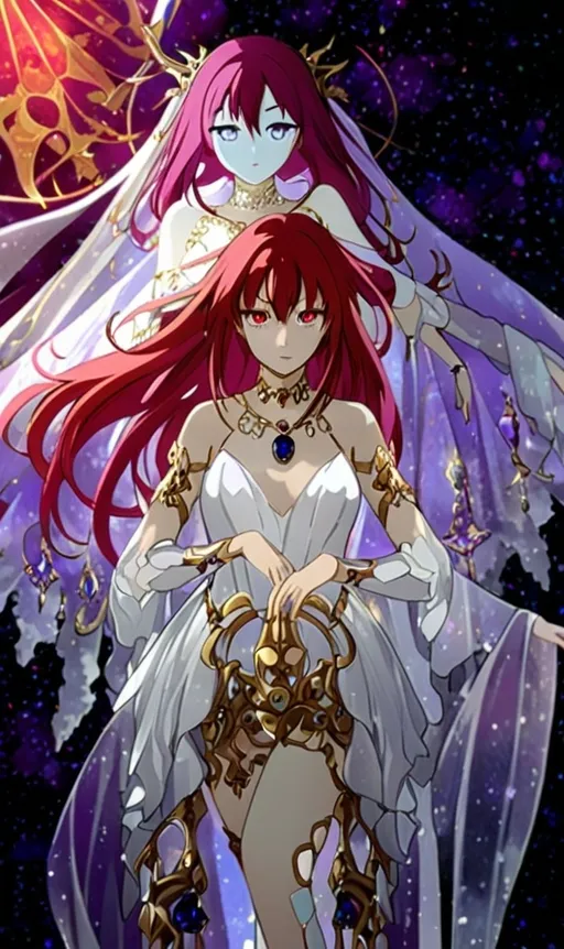 Prompt: anime, girl, detailed, red hair, daring, goddess, very detailed Silk white oracle dress, gold sapphire crown, white Eyes, rose choker necklace, Ruby bracelet, thigh high white lace socks. 