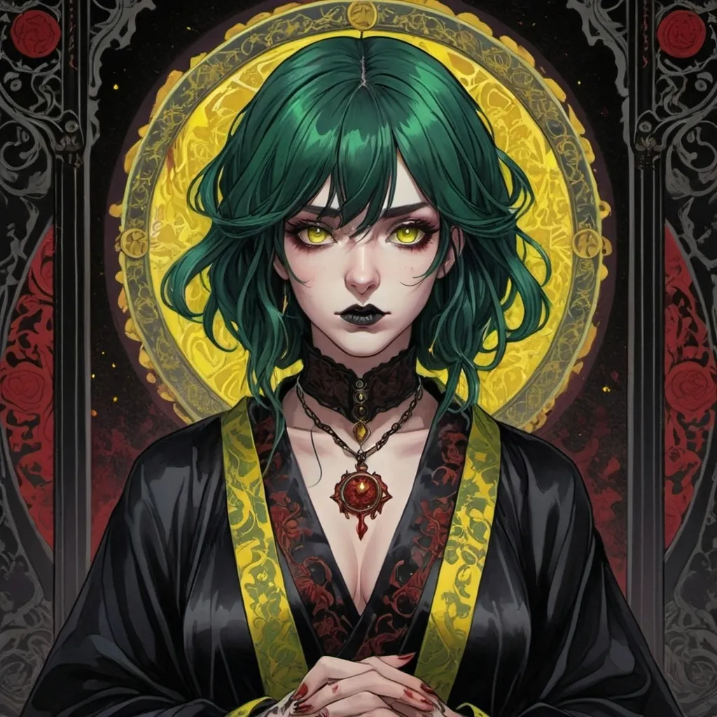 Prompt: tarot card Anime Goth illustration, a green/black-haired woman, yellow eyes, detailed ornate silk robe with blood, dramatic lighting