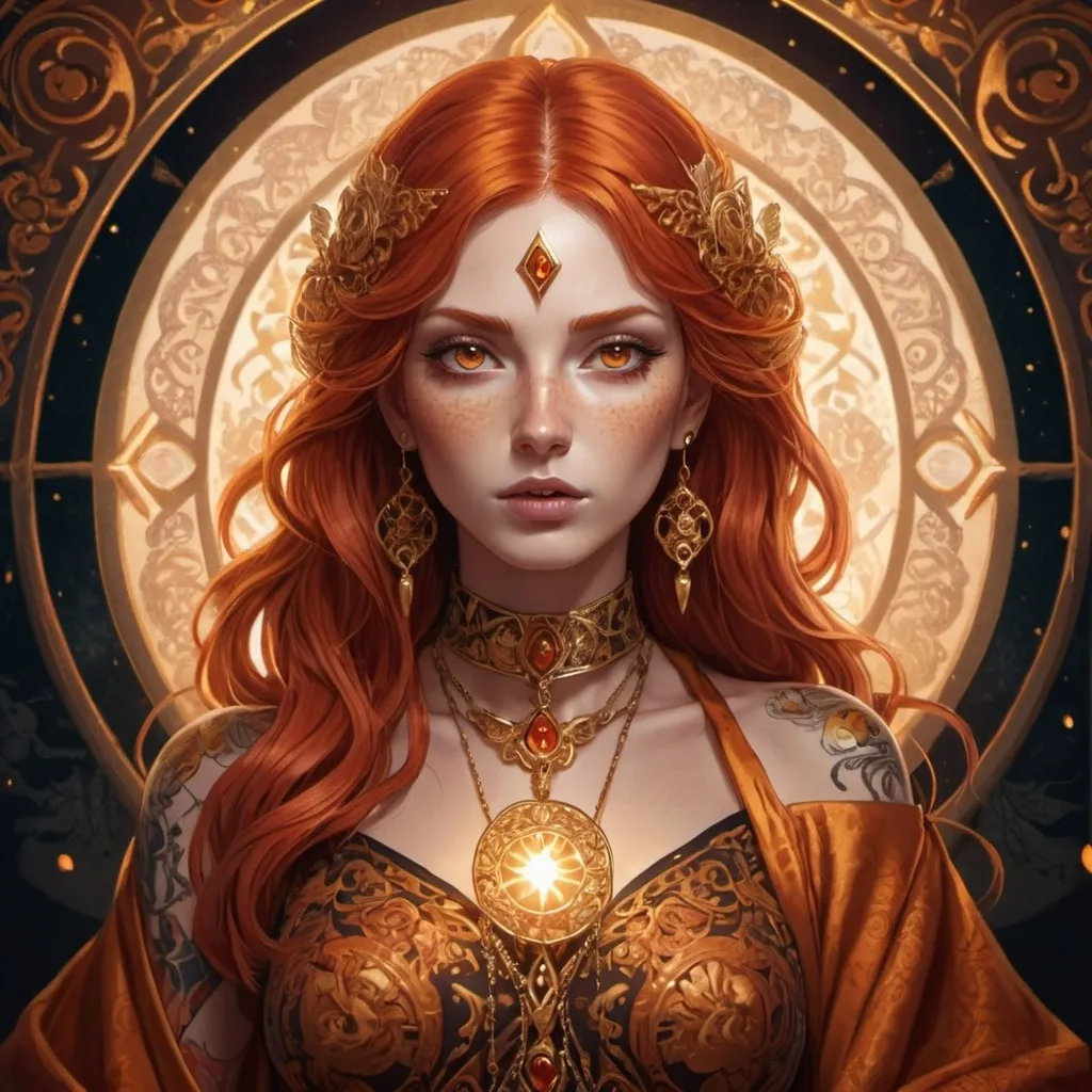 Prompt: tarot card Anime illustration, a Red-haired woman, orange eyes, detailed ornate cloth gold robe, with tattoos, dramatic lighting