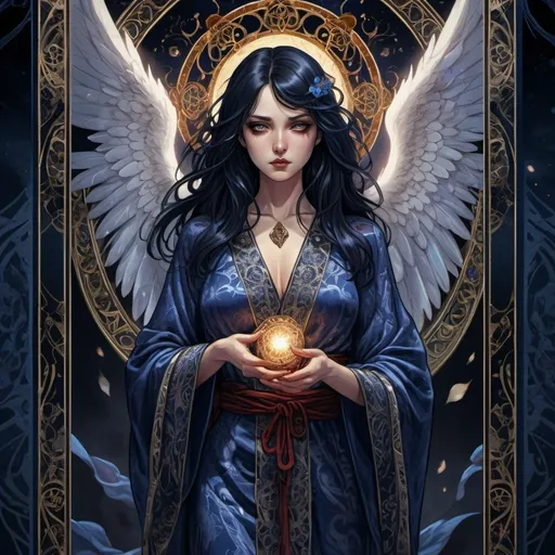 Prompt: (fantasy style), tarot card, (Anime Angel) illustration, black-haired woman, (indigo eyes), ornate detailed silk robe stained with blood, (dramatic lighting), dark mystical background, ethereal atmosphere, highly intricate designs, deep shadows, enchanting vibes, (4K), ultra-detailed, captivating composition, otherworldly allure.