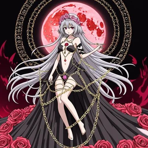 Prompt: anime, girl, detailed, Ash Grey hair, Goddess, rose headdress with a pink crescent moon, very detailed elegant silk lace brown and black dress, short hair length, purple eyes, black shadow background, body is surrounded by red aura, tongue sticking out, rose body chain. 