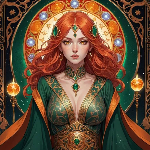 Prompt: tarot card Anime illustration, a Red-haired woman, orange eyes, detailed ornate cloth gold robe, with tattoos, dramatic lighting