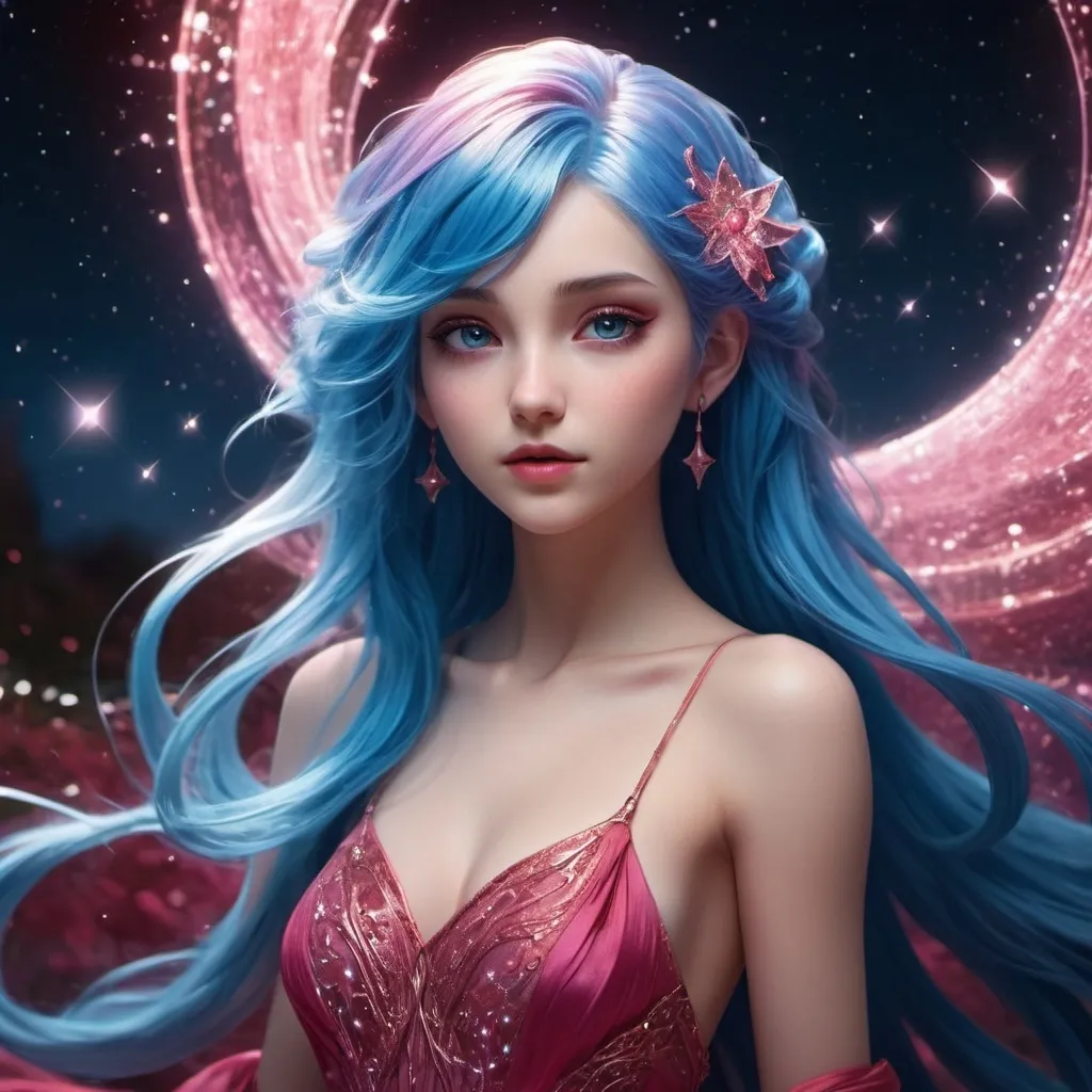 Prompt: A Goddess Anime girl, With Blue hair and pink highlights, sparkling pink eyes, Silk Red Dress, Dramatic lighting 