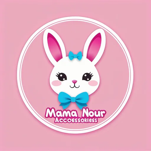 Prompt: (logo design) logo for "mama nour  accessories", (adorable cute bunny), pink, blue, and yellow palette, (playful) and (whimsical), modern design elements, attractive for children, vibrant colors, (professional) branding, easy to recognize, suitable for kids’ accessories market, high-quality and crisp vector style. With a big pink bow supper cute eyes with cute round font