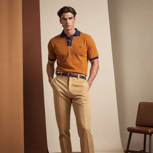 Prompt: (vintage polo outfit), sleek (Dickies pants), stylish combination, warm tones, nostalgic vibe, attention to detail, timeless fashion, high-quality fabric textures, fashionable ensemble, dynamic layering, captured in an HD setting, showcasing textures and intricate craftsmanship, evoking a classic sportswear atmosphere, fit for a retro-inspired look.