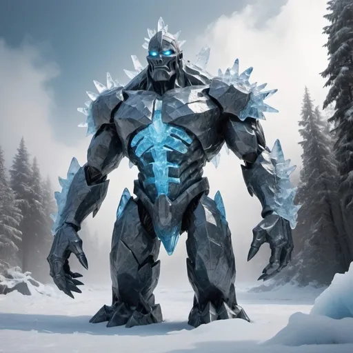 Prompt: An awe-inspiring figure crafted entirely from ice dominates the snowy landscape, resembling the form of a powerful iron golem. This ice golem's towering structure is a breathtaking sight, its body composed of gleaming, translucent ice that captures and refracts the light, creating a dazzling array of colors. Its form is meticulously carved, with sharp, angular features that highlight its immense strength and otherworldly beauty.

The golem's surface is smooth and polished, reflecting the surrounding winter scenery like a series of mirrors. Its eyes, crafted from deep blue ice, glimmer with an intense, piercing gaze that suggests both wisdom and vigilance. Intricate patterns and runes etched into its icy surface shimmer faintly, hinting at ancient magic that animates this frozen guardian.

Every movement of the ice golem is accompanied by the soft, crystalline sound of ice shifting and cracking, a reminder of its sheer power. Its limbs, thick and solid, move with a deliberate grace, leaving behind a trail of frost and ice in its wake. The golem's hands, massive and capable, are sculpted with remarkable detail, capable of both delicate precision and overwhelming force.

Despite being made entirely of ice, the golem emanates an aura of invincibility and eternal endurance. It stands as a sentinel of the frozen realm, a protector of its serene and pristine beauty. Snowflakes drift down around it, occasionally catching and freezing upon its surface, adding to its ever-evolving form. The ice golem, a magnificent fusion of artistry and enchantment, commands awe and respect from all who behold it, a true embodiment of winter's majesty and power.